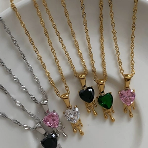 Stainless Steel Necklace And Earrings Heart Zirconia Pendant Dripping Melting Lava Design Y2K Aesthetic Fashion Jewelry