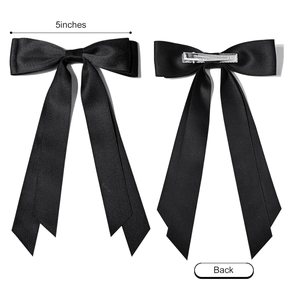 5 inch vintage black satin bow hair clip with spring metal fastener shown in detail