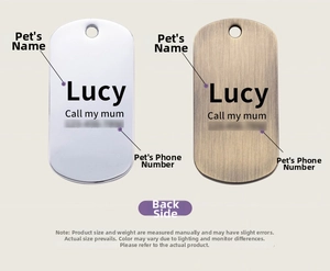Custom engraved metal pet tags in silver and bronze finish with paw print and contact info
