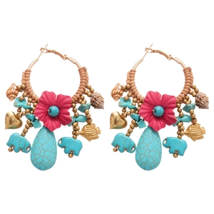 Bohemian hoop earrings with turquoise stones, fabric flowers, and elephant charms