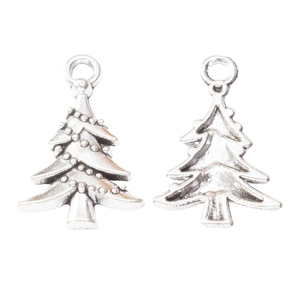 Vintage silver alloy Christmas tree pendants shown from front and back view