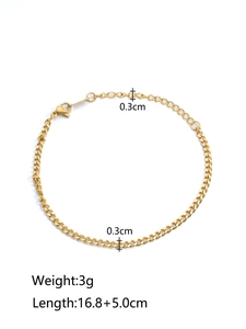 Detail of gold Cuban chain bracelet showing lobster clasp, 5cm extender, and 3mm width