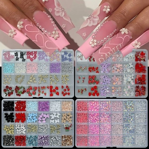 Nail Art Decoration Multi-Grid Box Resin Flowers Faux Artificial Pearls Metal Bows Rhinestones DIY Manicure French Style Accessories
