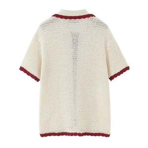 Women's cream knit short sleeve polo set with burgundy trim and hollow knit texture