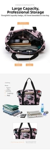 Detail of high-capacity travel bag showing dry-wet separation and front storage pockets
