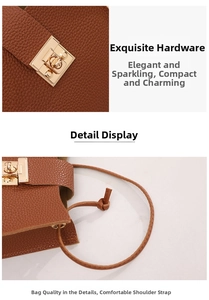 Détail du fermoir doré rotatif et de la bandoulière en cuir sur ce petit sac à main marron
