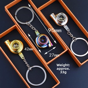 Turbocharger metal keychains in gold, silver, and rainbow colors with gift box packaging