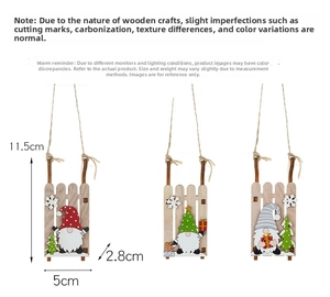 Detailed view of three wooden Christmas gnome sled ornaments with size specifications