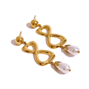 Elegant gold infinity symbol earrings with white teardrop pearl pendants for women