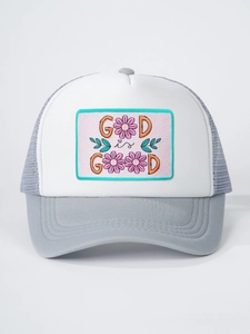 Close-up of God is Good embroidery with floral details on white and grey trucker hat