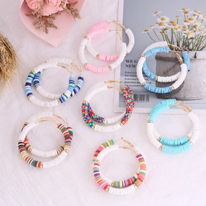 Bohemian Polymer Clay Heishi Beads Hoop Earrings For Women Colorful Handmade Alloy Circular Jewelry