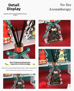 Detail of Christmas tree glass diffuser bottle with festive ribbons and aroma sticks