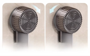 Detail of suction cup mechanism with twist-to-lock feature on stainless steel pot lid rack