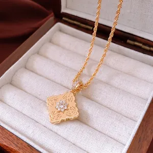 18K gold plated vintage flower pendant necklace with diamonds on a premium jewelry box