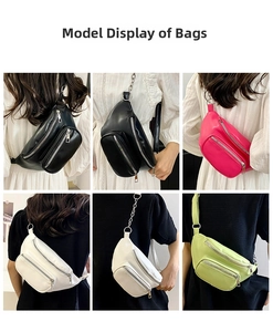 Multiple views of models wearing colorful PU leather chest bags with chunky metal chains