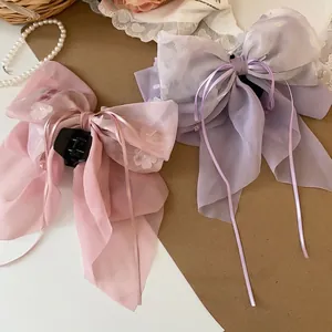 Mollone per capelli con fiocchi in organza rosa e viola, ricami floreali e nastri lunghi
