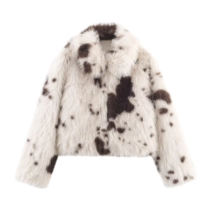Veste courte en fausse fourrure pour femme avec motif vache et grand revers élégant