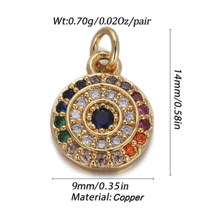 Detailed view of a gold-plated copper pendant with colorful rainbow eye zircon stones