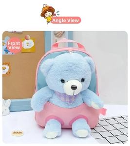 Detailed view of pink leather kids backpack with a blue plush teddy bear and scarf