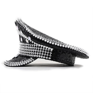 Punk style black flat top navy hat with silver cone studs and sparkling sequins