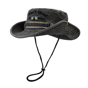 Retro charcoal washed denim wide brim outdoor sun hat with embroidery and windproof cord