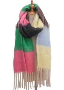 Close-up of colorful striped knit scarf with thick tassels in green and brown