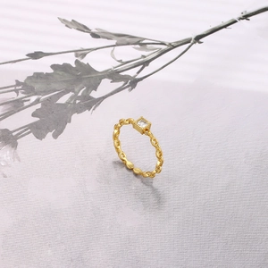 Detailed view of a gold chain ring featuring a radiant square-cut clear zircon stone
