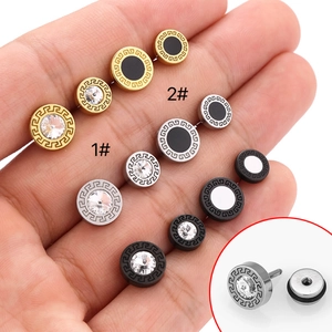 Stainless Steel Stud Earrings Greek Key Meander Round Cubic Zirconia Screw Back Barbell Hip Hop Punk For Men Women