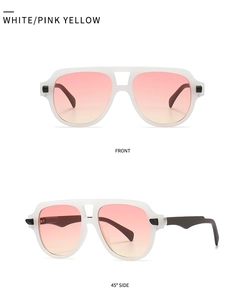Front and side view of white aviator sunglasses with pink to yellow gradient lenses