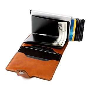 Detail of RFID blocking leather wallet with aluminum pop-up card case and cash clip