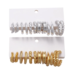 14-pair minimalist geometric metal hoop earring set in polished gold and silver finishes