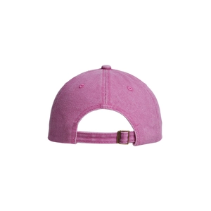 Close-up of pink washed cotton baseball cap with adjustable metal buckle on the back