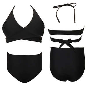 Schwarzer Mädchen-Bikini mit Neckholder, Wickeldesign und hoher Taille, Vorder- und Rückseite
