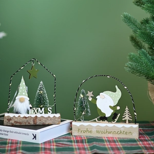 Christmas wooden tabletop ornament with gnome scenery and warm LED lights in metal frames