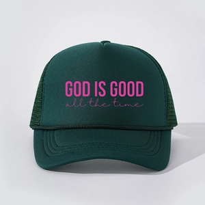 Dark green trucker hat with God is Good pink slogan and breathable mesh back