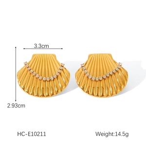 Detail of 18K gold stainless steel scallop earrings with sparkling rhinestones inlay