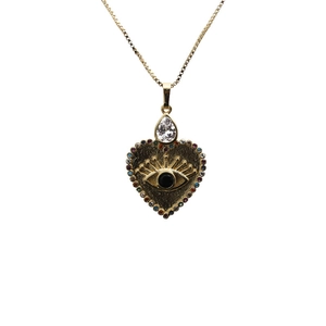Gold evil eye heart necklace with colorful zircons and a pear-shaped stone on box chain