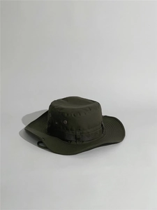 Detail of army green tactical boonie hat showing ventilation eyelets and molle webbing