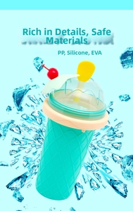 Detail view showing food-grade PP, silicone, and EVA materials of the slushy maker cup