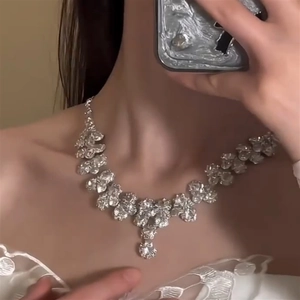 Elegante zilveren bloemenkwastjes ketting set met zirkonia gedragen door model