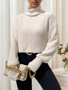 Jersey De Punto Acanalado Con Cuello Alto Para Mujer Manga Larga Corte Corto Ajustado Color Sólido Top Elegante