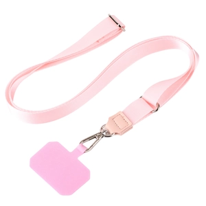 Pink adjustable crossbody phone lanyard with matching metal clasp and secure phone patch
