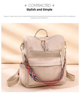 Close-up of beige PU leather backpack with vintage texture and ethnic woven strap