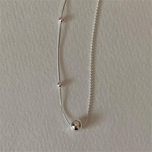Minimalist S925 sterling silver snake and bead chain necklace with polished silver spheres