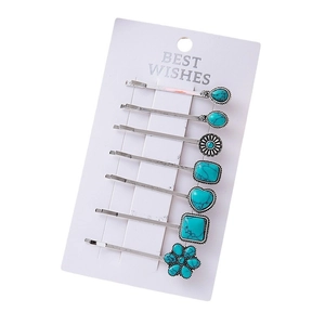 7-teiliges Vintage-Haarspangen-Set mit Türkis-Herz und Blumenmotiven in Silber