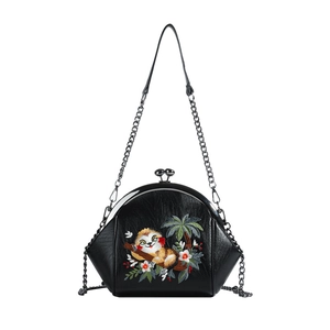 Black shell-shaped embroidery bag with sloth and palm leaf pattern and chain strap