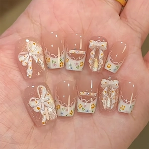 Press On Nails 3D Bowknot Ballerina Shape French Sweet Style Floral Print Nude Pink Artificial Pearl Decor Handcrafted Fake Nails