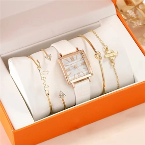 Elegant white square watch and gold bracelet gift set presented in a luxury orange box