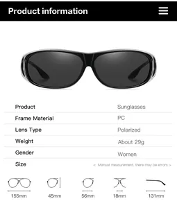 Detailed size specifications and parameters for polarized PC frame night vision sunglasses