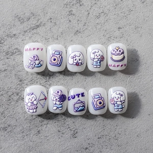 3D embossed cartoon puppy nail art stickers with purple blue floral accents and cute motifs